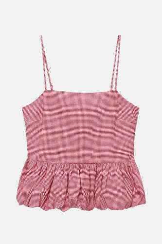 Blouse rouge sans manches de MANGO, avec un motif à carreaux gingham et des plis en bas.