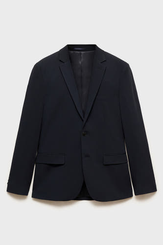 Blazer bleu de MANGO, avec une fermeture à un seul bouton et des poches sur le devant.