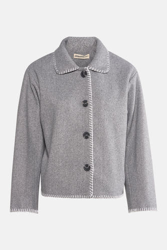 Manteau court gris de 24 couleurs, avec des boutons noirs et des points décoratifs blancs.