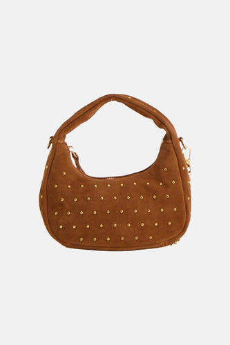 Bruine suède-look handtas van Access® met decoratieve gouden studs.