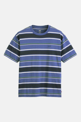 Blauw T-shirt met korte mouwen van Levi's, gestreept met zwart, wit en groen accenten.