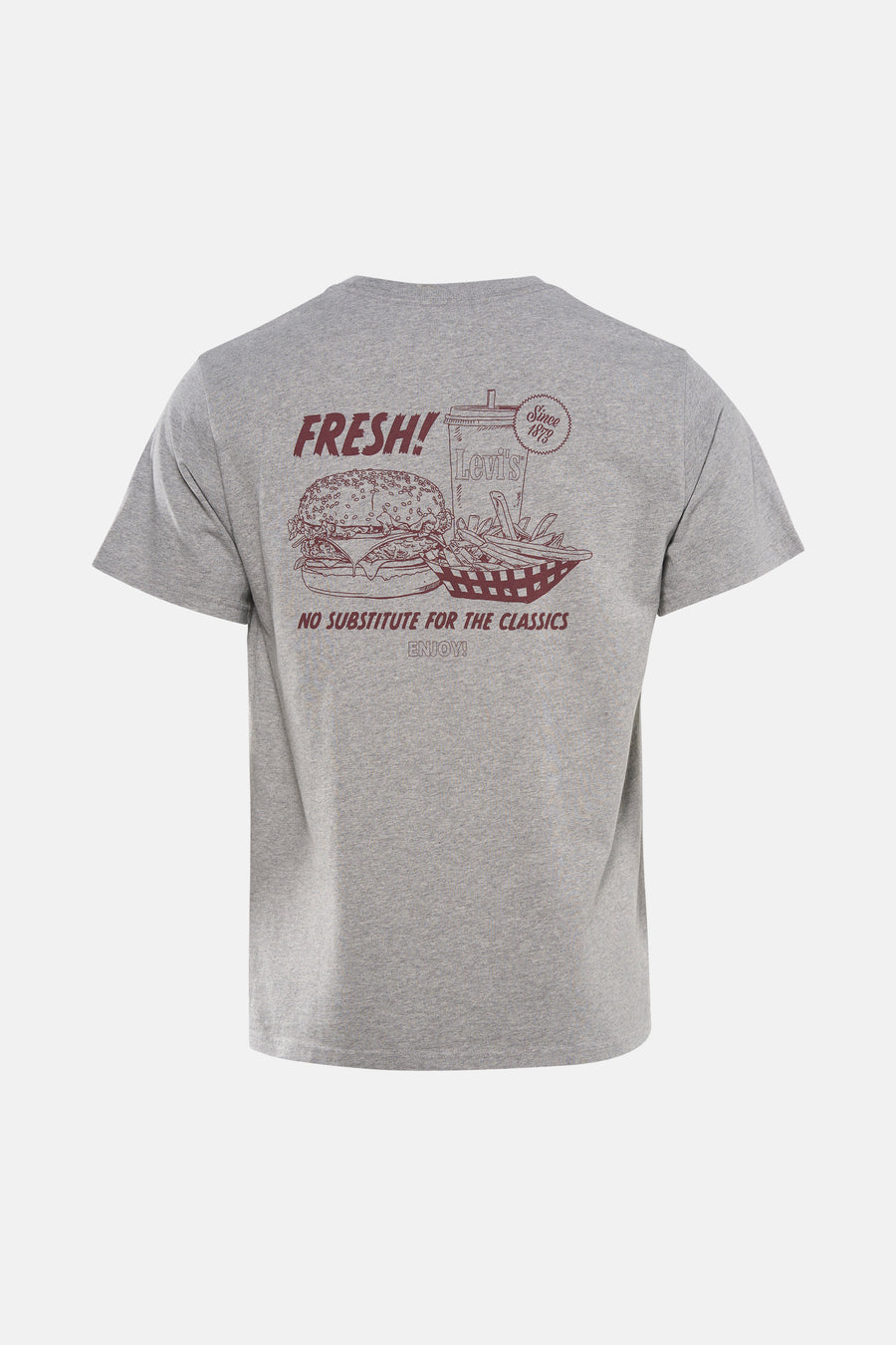 Grijs T-shirt met korte mouwen van Levi's, met een grafische print van een hamburger, friet en drank op de rug.