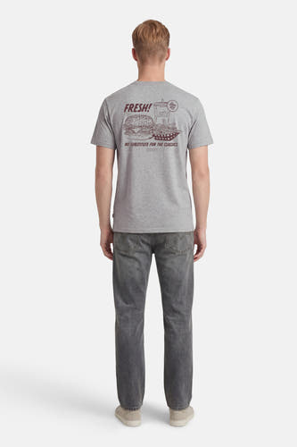 Grijs T-shirt met korte mouwen van Levi's, met een print van een hamburger, drankje en frietjes op de rug.