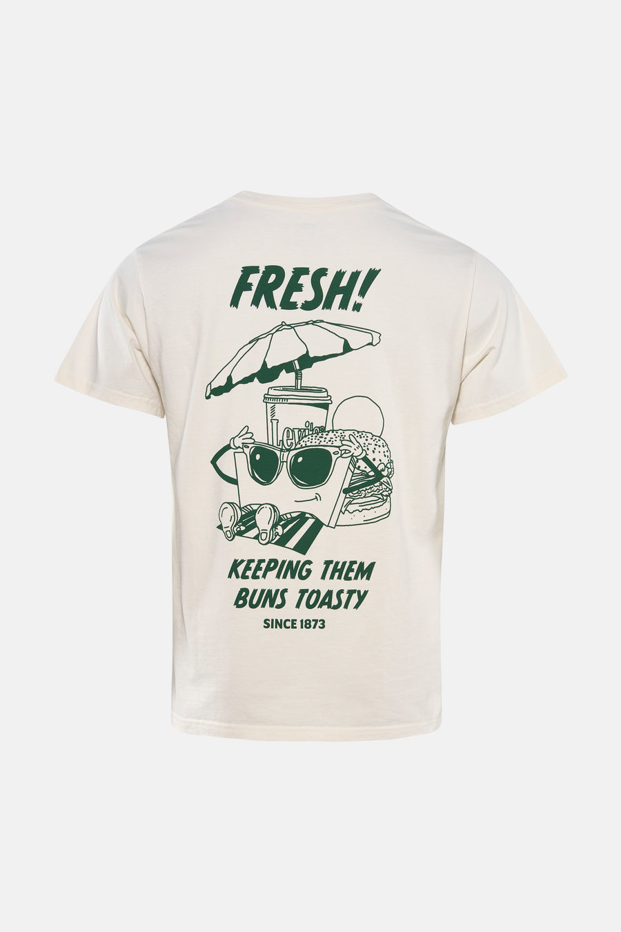 T-shirt beige à manches courtes Levi's® avec imprimé vert d'une scène de fast-food sur la plage au dos.
