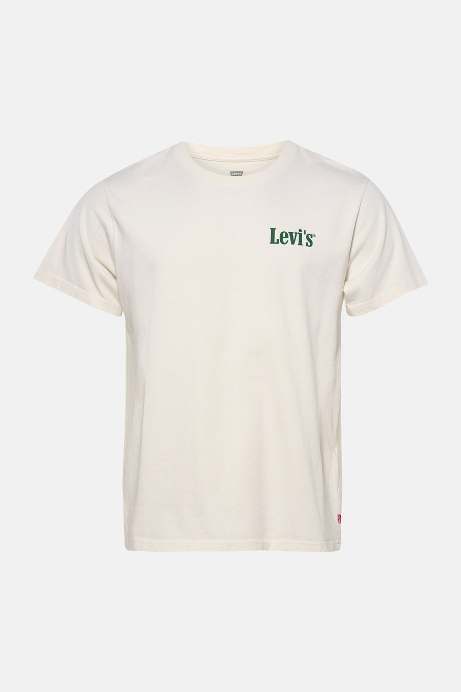 T-shirt beige à manches courtes de Levi's, avec un logo vert sur la poitrine, porté avec un jean gris et des baskets.