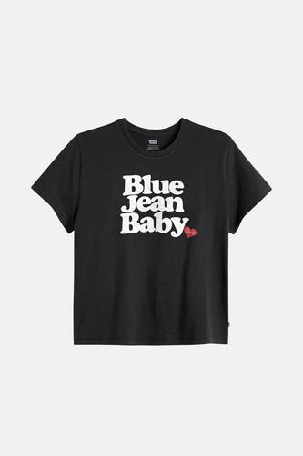 T-shirt gris à manches courtes de Levi's®, avec du texte "Blue Jean Baby" blanc et un petit cœur rouge.
