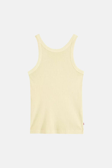 Haut jaune de Levi's, avec une texture côtelée et une petite étiquette rouge de la marque sur le côté.
