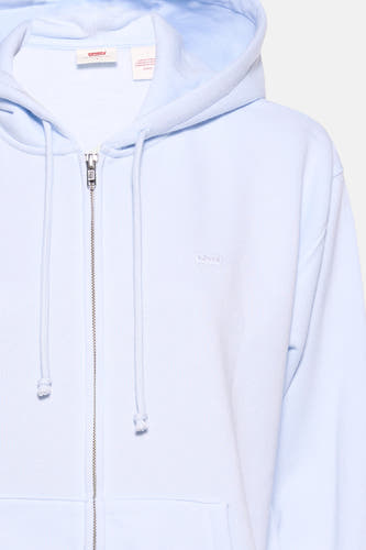 Veste bleue de Levi's, avec un capuchon, une fermeture éclair et des cordons.