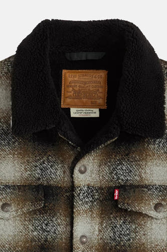 Veste courte multicolore de Levi's avec col en fourrure noire et motif à carreaux.