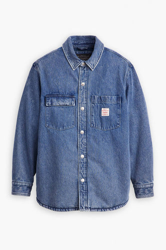 Blauw denim overhemd met lange mouwen en zakken.