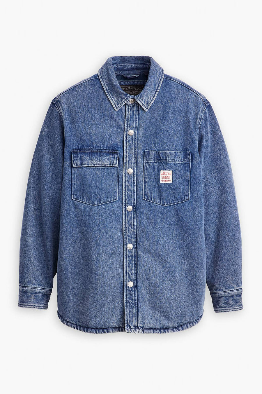 Blauw denim overhemd met lange mouwen en zakken.