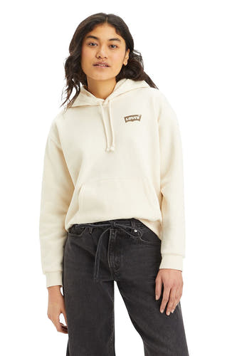 Gilet beige avec capuche de Levi's, logo imprimé de léopard sur la poitrine et les manches.