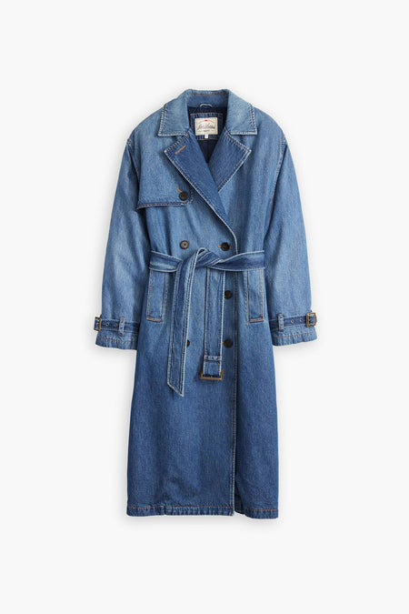 Trench-coat en denim bleu foncé Levi's® avec ceinture, double boutonnage et poches, vue de face