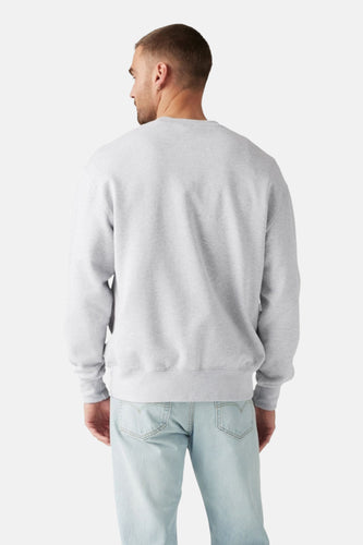Grijze sweater met ronde hals van Levi's®, gezien van achteren, gecombineerd met een lichte jeans.
