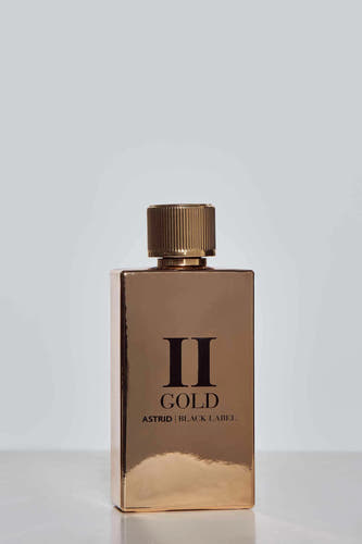 Gouden parfum van Astrid Black Label, met een geribbelde gouden dop en een rechthoekige flacon.
