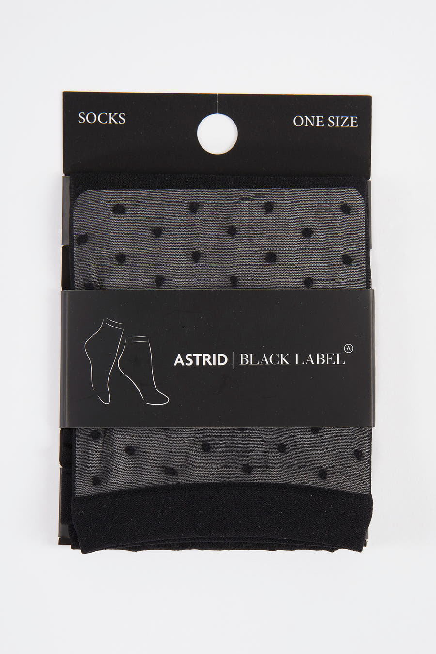 Chaussettes noires d'Astrid Black Label, vue rapprochée sur un fond blanc.