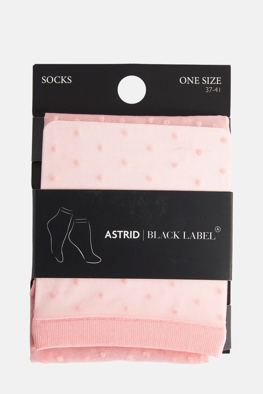 Chaussettes roses d'Astrid Black Label, avec des points et un bord côtelé.