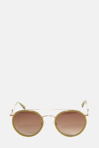 Lunettes de soleil roses d'Astrid Black Label, avec des verres marrons et un cadre vert olive.
