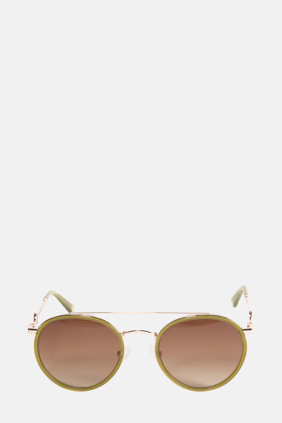 Lunettes de soleil roses d'Astrid Black Label, avec des verres marrons et un cadre vert olive.