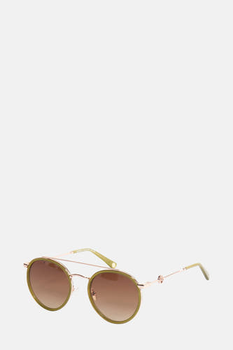 Lunettes de soleil roses d'Astrid Black Label avec des verres ronds et des détails dorés.