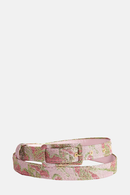 Ceinture rose Astrid Black Label avec un motif floral et des détails dorés.