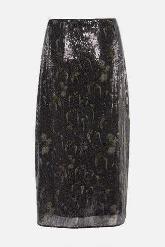 Robe noire d'Astrid Black Label, avec paillettes et un motif floral sombre.