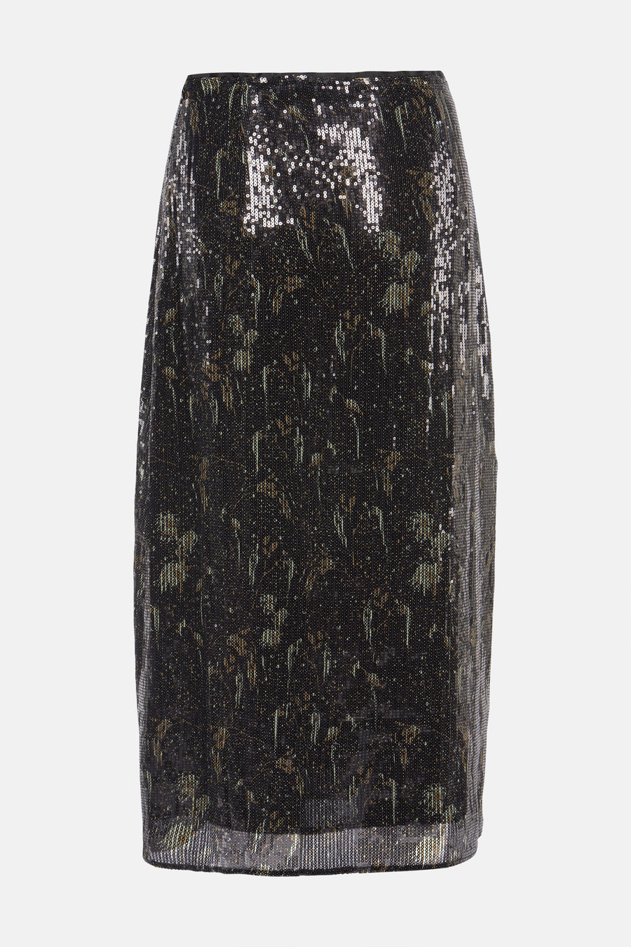 Robe noire d'Astrid Black Label, avec paillettes et un motif floral sombre.