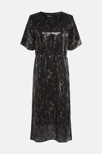 Robe noire à manches courtes d'Astrid Black Label, avec paillettes et une impression brillante sur toute la surface.