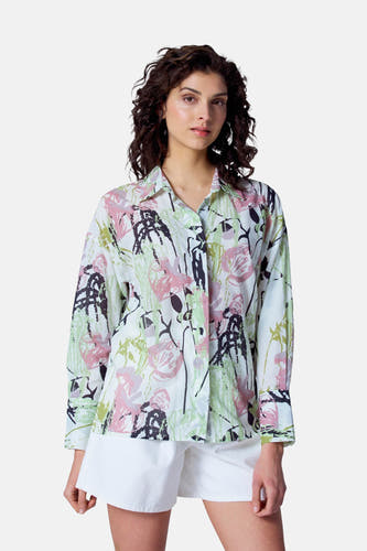 Blouse multicolore à longues manches d'Astrid Black Label, avec un imprimé de fleurs sur un fond blanc, vue arrière.
