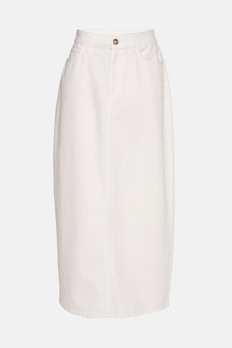 Witte denim kokerrok met knoop.
