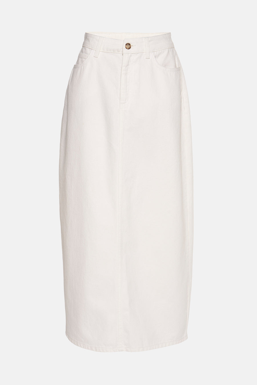 Witte denim kokerrok met knoop.
