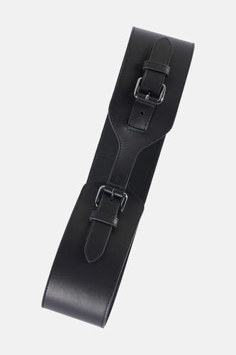 Ceinture noire Astrid Black Label, avec boucles argentées et une large bande en cuir et élastique.
