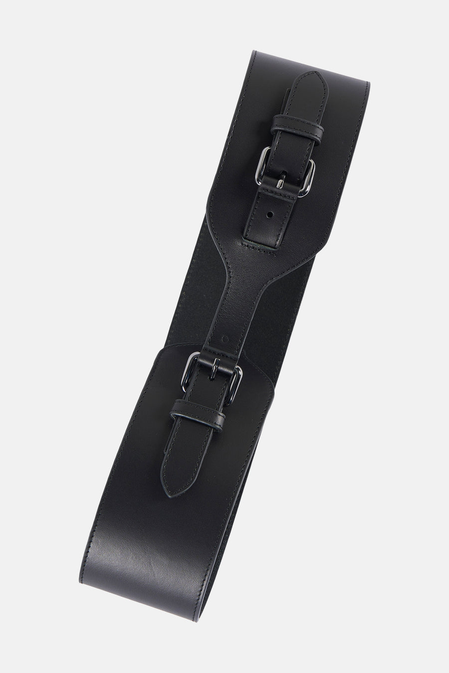 Ceinture noire Astrid Black Label, avec boucles argentées et une large bande en cuir et élastique.