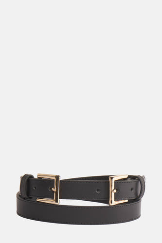 Ceinture noire d'Astrid Black Label avec boucles dorées, posée sur un fond blanc.