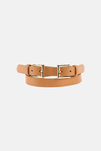 Ceinture marron Astrid Black Label avec une boucle dorée, des coutures et une texture légère.