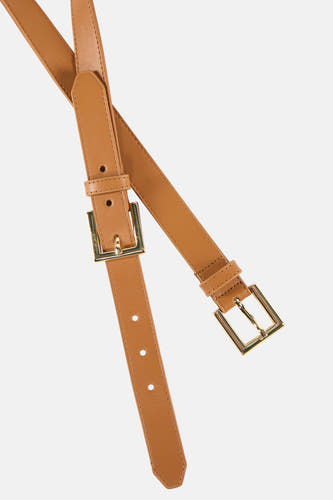 Ceinture marron Astrid Black Label avec boucles et coutures dorées, posée sur un fond blanc.