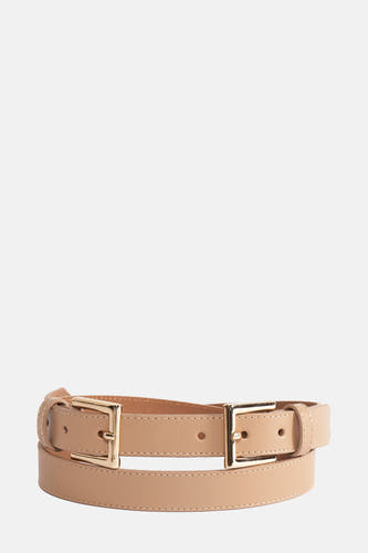 Taupe riem d'Astrid Black Label avec des fermoirs et des coutures dorés.