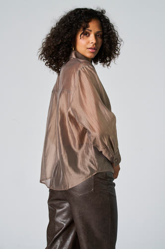 Taupe blouse met lange mouwen van Astrid Black Label, gecombineerd met een donkerbruine broek.