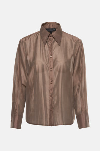 Blouse taupe à longues manches d'Astrid Black Label, avec une finition brillante et une fermeture à boutons.
