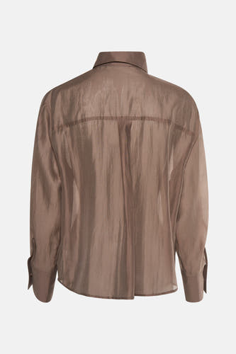 Blouse taupe à longues manches d'Astrid Black Label, avec des plis sur le dos et une texture brillante.