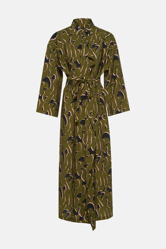 Robe verte à longues manches d'Astrid Black Label, avec des motifs noirs et roses abstraits et une ceinture.