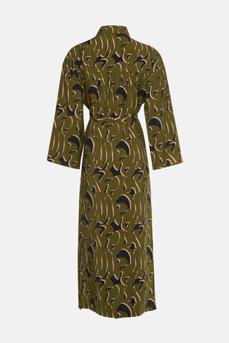 Robe verte à longues manches d'Astrid Black Label, avec un motif abstrait en rose et en noir.