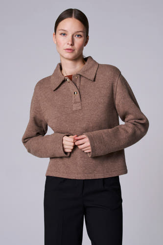 Sweat-shirt taupe avec col V d'Astrid Black Label, à longues manches et col en polo avec boutons.