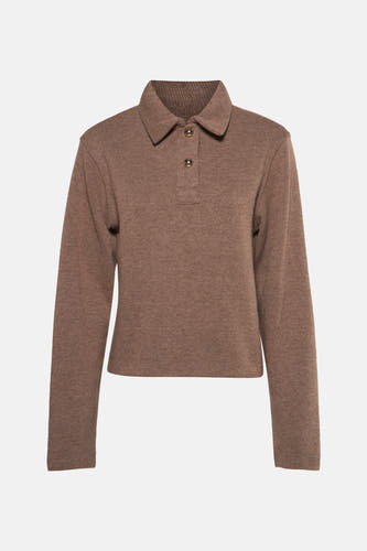 Sweat-shirt taupe avec col V d'Astrid Black Label, à longues manches et un collet avec détail de nœud.