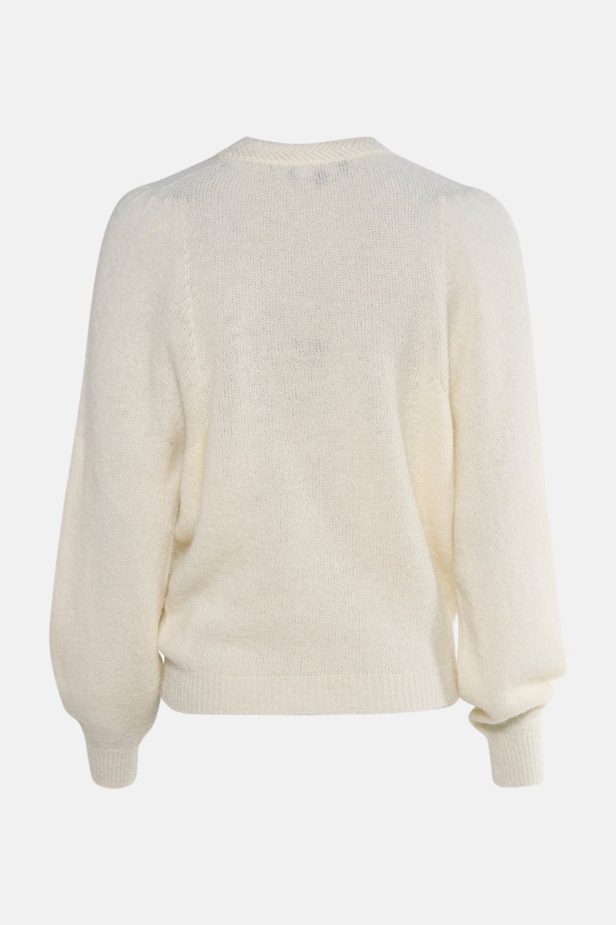 Ivoorwitte gebreide trui met lange pofmouwen.