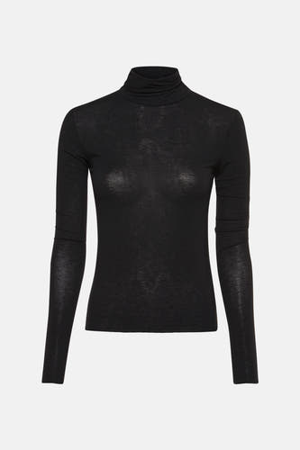 T-shirt noir à longues manches d'Astrid Black Label, avec un col et en tissu fin.