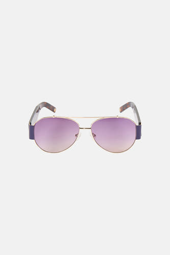Lunettes de soleil violettes Astrid Black Label, avec une monture dorée et des branches marron chiné avec un logo.