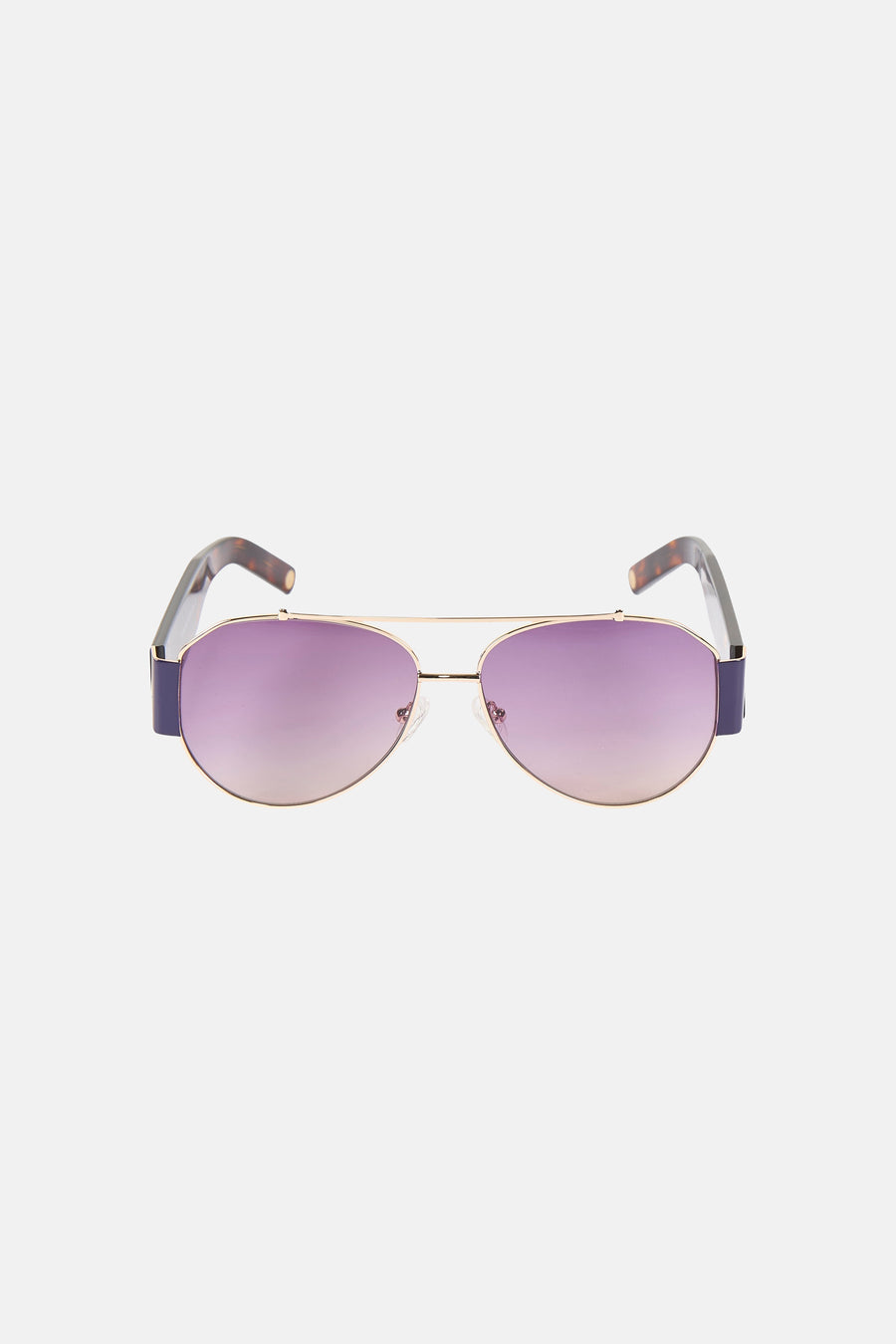 Lunettes de soleil violettes Astrid Black Label, avec une monture dorée et des branches marron chiné avec un logo.