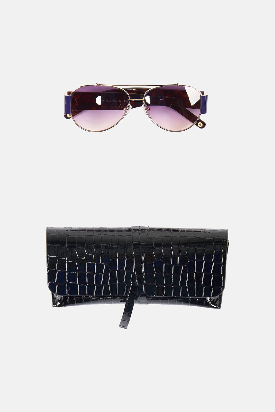 Lunettes de soleil violettes Astrid Black Label avec une monture dorée et des détails bleus sur les côtés.