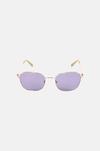 Lunettes de soleil violettes Astrid Black Label, avec une monture dorée et des extrémités vertes.